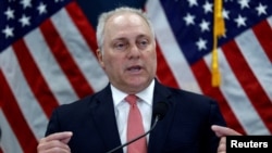 FILE: U.S. House Majority leader Steve Scalise (R-LA) speaks during a press conference following a Republican conference meeting on Capitol Hill in Washington, July 12, 2023.
