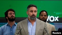 Spain's far-right Vox party leader Santiago Abascal delivers a speech during the general election, outside the party's headquarters, in Madrid, July 23, 2023.