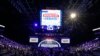 The stage is set at Fiserv Forum before the first 2023 Republican presidential debate in Milwaukee on Aug. 23, 2023. 