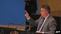 2022年10月10日，乌克兰驻联合国大使谢尔盖·基斯利齐亚（Sergiy Kyslytsya）在联合国大会上发言。（法新社照片）