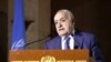 FILE - U.N. Envoy for Libya, Ghassan Salame holds a news briefing after a meeting of the 5+5 Libyan Joint Military Commission in Geneva, Switzerland, Feb. 6, 2020. 