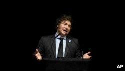 FILE - Presiden Argentina Javier Milei berpidato di depan massa pada acara promosi buku barunya di Buenos Aires, Argentina, 22 Mei 2024. (AP/Gustavo Garello)