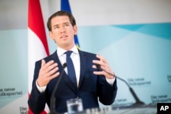 FILE - Then-Austrian Chancellor Sebastian Kurz, of the Austrian People's Party, addresses the media during a news conference in Vienna, Austria, May 20, 2019.