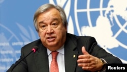 FILE - Antonio Guterres, United Nations High Commissioner for Refugees (UNHCR) addresses a news conference at the United Nations in Geneva, Switzerland, Dec. 18, 2015.