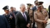 Egypt's Minister of Defense Sedki Sobhi (R) greets U.S. Defense Secretary Jim Mattis (C) upon his arrival at Cairo International Airport in Cairo, Egypt, April 20, 2017.