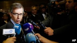 FILE - U.N. envoy for Libya Bernardino Leon speaks to the media in Skhirat, Morocco, Oct. 8, 2015. A report in the British newspaper 'The Guardian' exposes private emails in which Leon was revealed to have been negotiating for a lucrative job training diplomats for the United Arab Emirates government while simultaneously conducting negotiations on behalf of the United Nations.