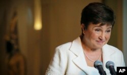 Kristalina Georgieva, European Union budget chief, listens during a press conference after addressing a meeting concerning her candidacy for the post of the Secretary-General, Monday, Oct. 3, 2016.