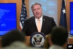 FILE - Secretary of State Mike Pompeo speaks during a news conference, April 22, 2019, at the Department of State in Washington.