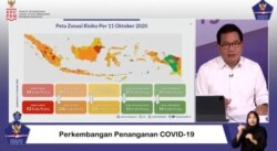Juru Bicara Satgas Penanganan COVID-19 Prof Wiku Adisasmito dalam telekonferensi pers di Graha BNPB , Jakarta, Selasa (13/10) mengatakan 65 persen kabupaten / kota di Indonesia masuk ke dalam zona oranye (screenshot)