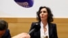 La ministre belge des Affaires étrangères, Hadja Lahbib, s'adresse aux médias à Bruxelles, Belgique, le 26 juin 2023. 
