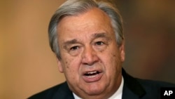 The newly-appointed Secretary General of the United Nations, Antonio Guterres, reads a statement at Lisbon's Necessidades palace, Oct. 6, 2016.