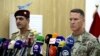 U.S. Army Col. Ryan Dillon, spokesman for Operation Inherent Resolve, the U.S.-led coalition against the Islamic State group, right, and Iraq armed forces spokesman Gen. Yahyah Rasul hold a press conference in Baghdad, Iraq, Thursday, Sept. 21, 2017. 