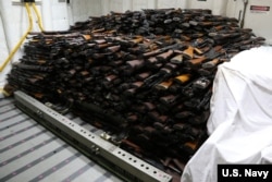 FILE - Weapons were seized from a stateless dhow which was intercepted by the Coastal Patrol ship USS Sirocco in the waters of the Arabian Sea on March 28, 2016.