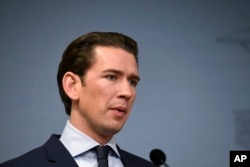 FILE - Austrian Chancellor Sebastian Kurz speaks at a press conferance during a visit to Helsinki, Finland, Nov. 7, 2018.