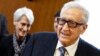 U.S. Under Secretary of State Wendy Sherman (L) and UN-Arab League envoy for Syria Lakhdar Brahimi arrive for a trilateral meeting with Russian Deputy Minister of Foreign Affairs Gennady Gatilov during the second round of negotiations between the Syrian g
