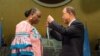 U.N. Secretary-General Ban Ki-moon presents the Captain Mbaye Diagne Medal for Exceptional Courage to Yacin Mar Diop, widow of Senegalese Captain Mbaye Diagne. (Eskinder Debebe/United Nations)
