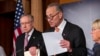 From left, Senate Majority Leader Harry Reid of Nev., Sen. Charles Schumer, D-N.Y., and Senate Budget Committee Chair Sen. Patty Murray, D-Wash., announce that President Barack Obama has invited the top leaders in Congress to meet with him at the White Ho