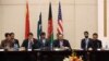 Afghan Foreign Minister, Salahuddin Rabbani, center, starts the meeting to discus a road map for ending the war with the Taliban at the Presidential Palace in Kabul, Afghanistan, Feb. 23, 2016. 