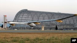 The Solar Impulse plane takes off on a multi-city trip across the United States from Moffett Field NASA Ames Research Center in Mountain View, California , May 3, 2013. 