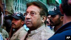 FILE - In this Saturday, April 20, 2013 file photo, Pakistan's former President and military ruler Pervez Musharraf arrives at an anti-terrorism court in Islamabad.