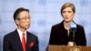 United States ambassador to the U.N. Samantha Power, right, and Japanese ambassador to the U.N. Motohide Yoshikawa speak to reporters after a Security Council meeting at United Nations headquarters, March 2, 2016. 