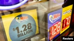 A digital billboard advertising Mega Millions Jackpot of 1.28 billion dollars in New York City