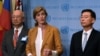 U.S. Ambassador Samantha Power speaks to reporters with Japanese Ambassador Koro Bessho, left, and South Korean Ambassador Hahn Choong-hee following the U.N. Security Council closed-door meeting to discuss the latest missile launches by North Korea at the U.N. in New York, Sept. 6, 2016. 