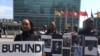 Members of the Burundian diaspora and exiled civil society leaders gathered at the United Nations, demanding action to stop violence in Burundi, April 26, 2016. (M. Besheer/VOA)